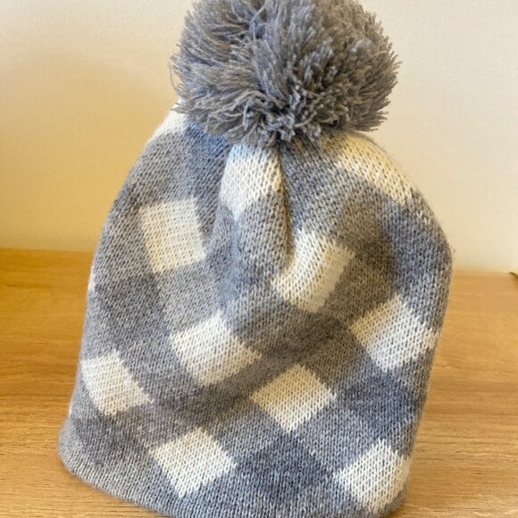 Gray & White Gingham Knit Beanie With Pom-Pom & Soft Fleece Lining - Picture 2 of 5
